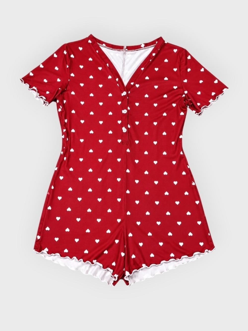 Red Heart-Print Short Sleeve Romper Pajama - Size L